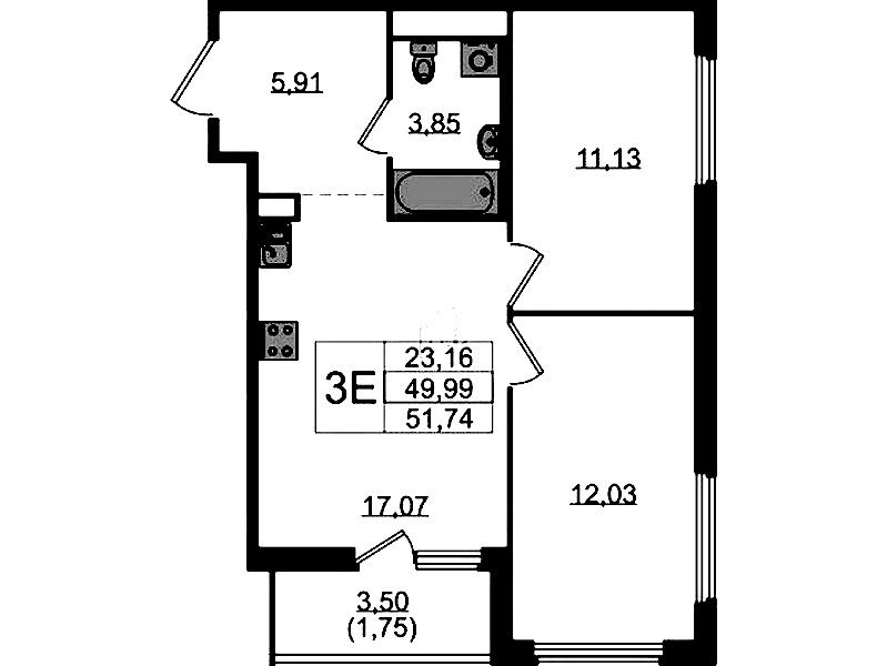 2-комнатная квартира 51.74 м², 14/15 эт., ЖК «GloraX Парголово»